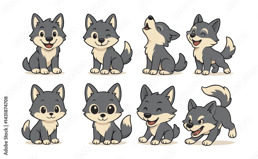Fototapeta premium Playful cartoon wolf emojis - icon set for kids' projects and designs. Vector icons