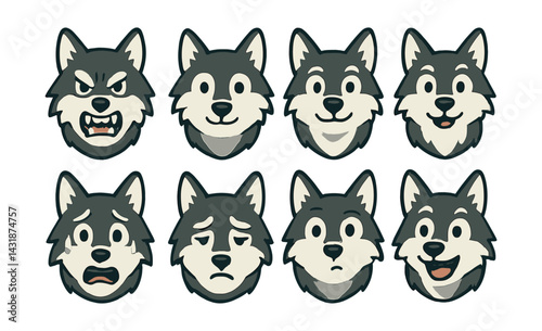 Wolf emotion icons set: expressive collection for creative projects. Vector icons