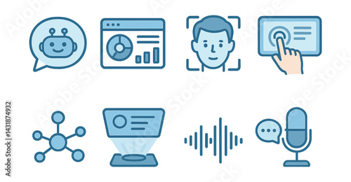 Futuristic interface icon set: ai, biometrics, touch navigation & more. Vector icons