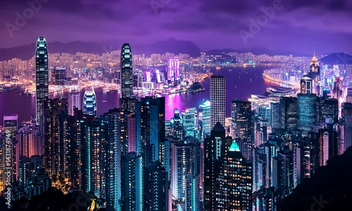 Vibrant night skyline of Hong Kong showcasing illuminated skyscrapers and bustling harbor