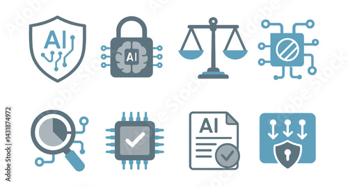 Ethical ai icons set: featuring balance, security, and analysis. Vector icons