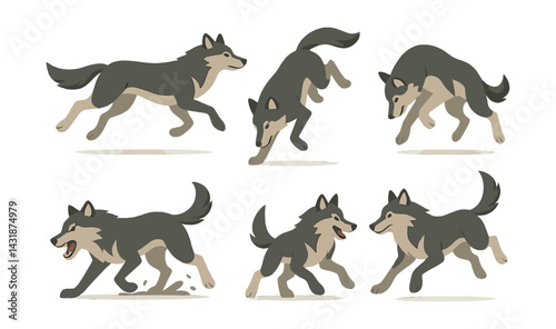 Dynamic wolf icons set: expressive canine poses in flat design for creative projects. Vector icons