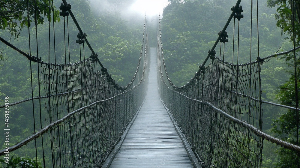 Obraz premium Misty jungle suspension bridge