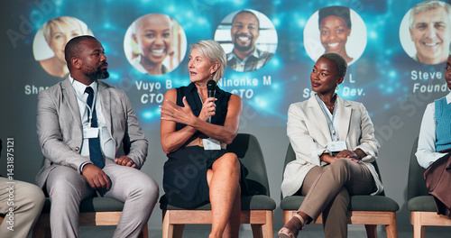 Business people, speaker and panel for audience, presentation and seminar for start up conference or convention. Woman, microphone and question for international trade show, event or workshop