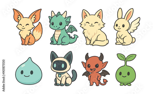 Adorable anime creature icons set: fox, dragon, cat, rabbit, and more in flat style. Vector icons