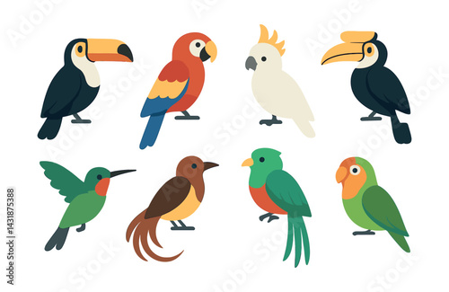 Vibrant tropical bird icons set: featuring parrot, toucan, and more. Vector icons