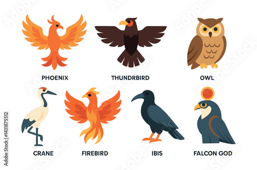 Mystical bird icons set: featuring phoenix, thunderbird, owl, and more. Vector icons
