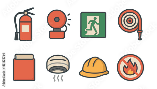 Comprehensive fire safety icon set: essential tools & signs for safety awareness. Vector icons