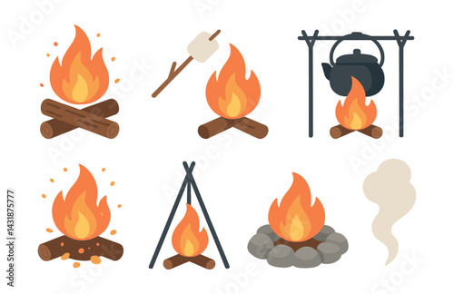 Cozy campfire icons collection: perfect for outdoor and camping themes. Vector icons