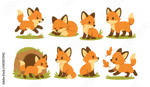 Charming fox cub icons set: playful and adorable foxes in various poses. Vector icons