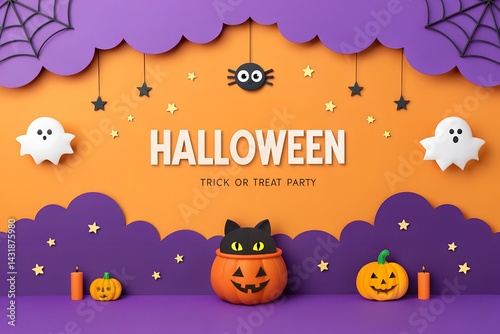 Halloween party background trick or treat with pumpkins and decorations template spooky october holiday scary autumn night haunted costume celebration festive