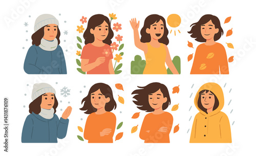 Icons set: girls experiencing seasons in flat style – winter, spring, summer, autumn. Vector icons