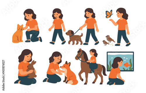 Charming companions icons set: girl and animals in a flat style. Vector icons