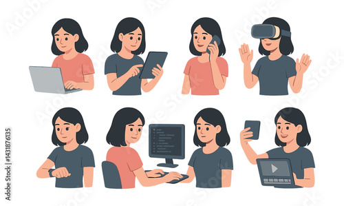 Modern tech multitasking icons set - : devices and communication essentials. Vector icons