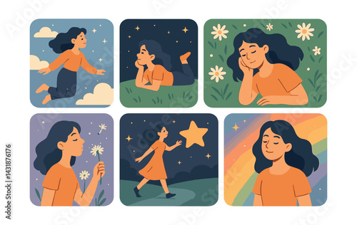 Dreamy celestial journey icon set - flat style illustrations of whimsical scenes. Vector icons
