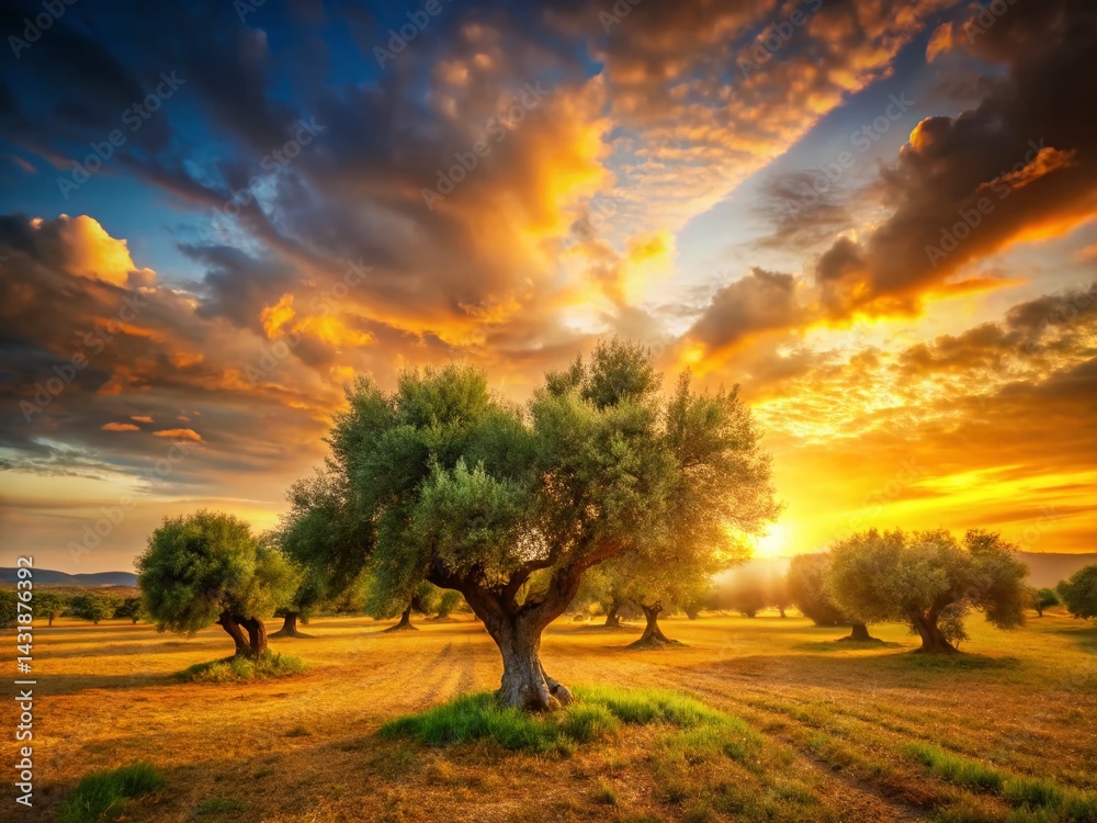 Fototapeta premium Slow Motion Sunset: Olive Grove in Gentle Breeze - Stock Photo