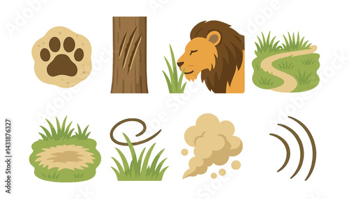 Lion territory icons set: nature trail marks and wildlife symbols in flat style. Vector icons