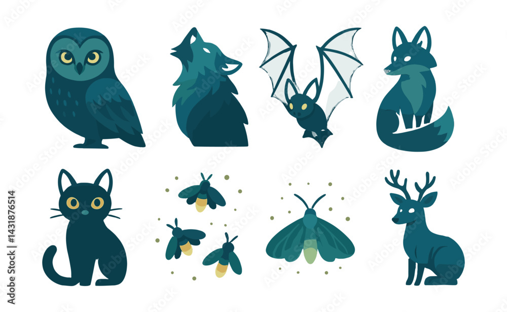 Fototapeta premium Enchanting moonlit animal icons - featuring owl, wolf, bat, fox, cat, fireflies, moth, deer. Vector icons
