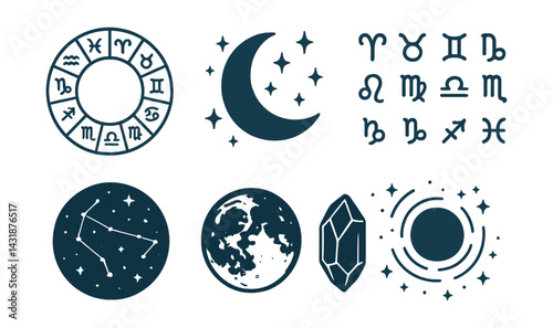 Cosmic moon symbols icon set: zodiac, constellation, crystal icons in . Vector icons