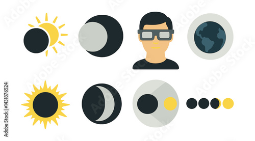 Celestial eclipses icon set featuring solar, lunar phases and observers in flat design. Vector icons