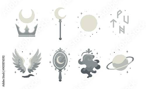 Mystical moon icons set: celestial and magical symbols in art style. Vector icons