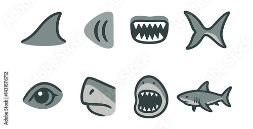 Comprehensive shark anatomy icon set featuring diverse body parts. Vector icons