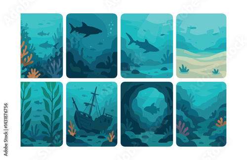 Ocean life icons set: sharks, coral, shipwreck, caverns, waves, and seaweed. Vector icons
