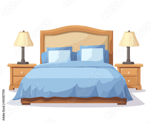 vector drawing of bed with blue blanket and bedside tables and lamps .Generative AI