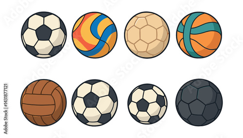 Soccer balls icons set: diverse styles and designs in . Vector icons