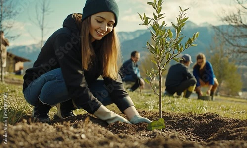 Young woman planting a tree in a sunny field with friends helping in the background