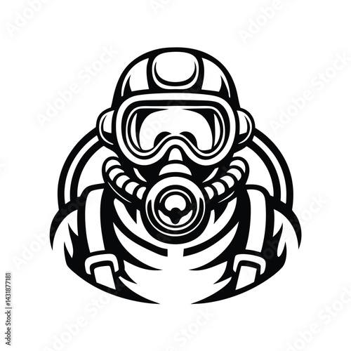 Monochrome Silhouette Man in Full Hazmat Suit with Detailed Gas Mask and Gear
