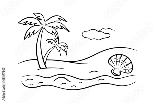 Black and white line art of tropical beach scene with palm trees and seashell
