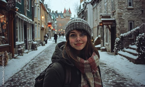 Young woman smiling in a snowy street, historic buildings in the background, winter atmosphere