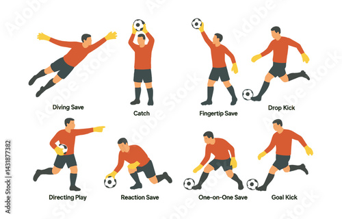 Goalkeeper icon set - dynamic football actions and saves in flat style. Vector icons