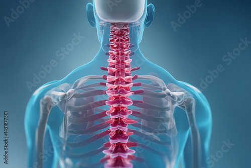 Detailed 3D render of human thoracic spine, showcasing vertebrae structure and anatomy, ideal for medical or educational purposes