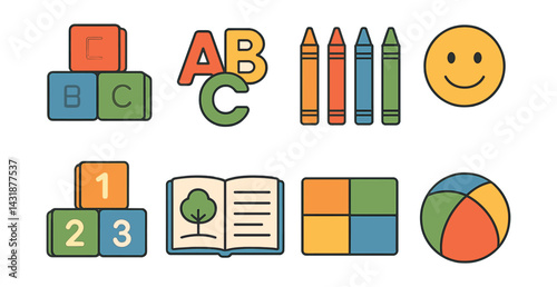 Preschool playtime icons set: education and fun essentials in flat design. Vector icons
