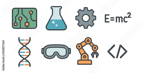 stem icons set: dna, flask, circuit, gear, equation, goggles, robot arm, code brackets. Vector icons