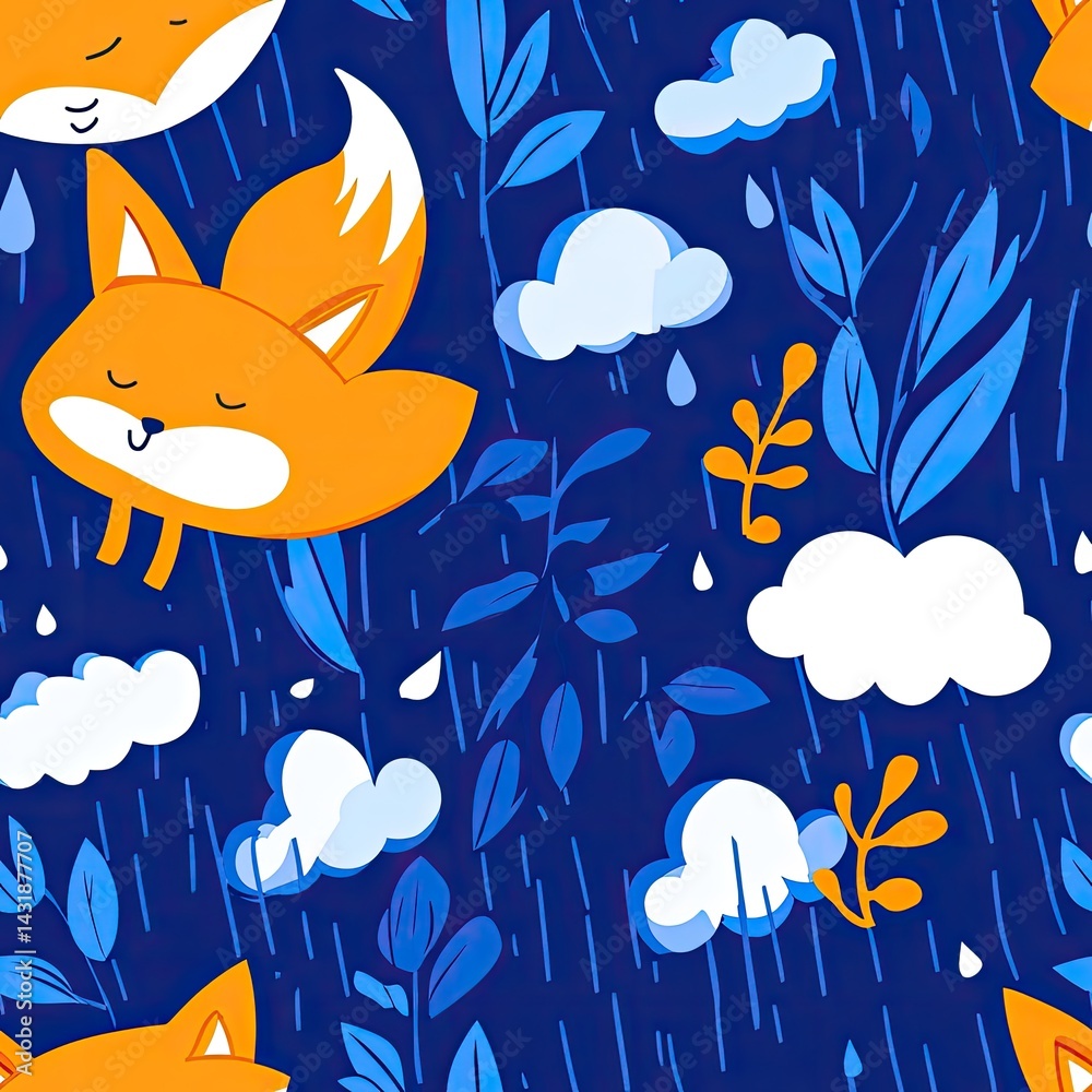 Naklejka premium Charming Foxes Soaring Through a Rainy Day Delightful Cartoon Pattern