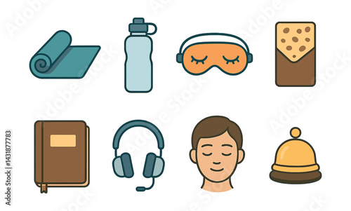 Wellness essentials icons set: yoga, hydration, relaxation, and more. Vector icons