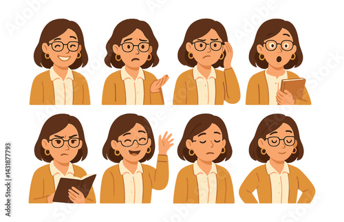 Teacher emotions icon set: flat style illustrations of diverse emotional expressions. Vector icons