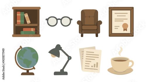 Academic office essentials: flat icons set featuring books, glasses, and more. Vector icons