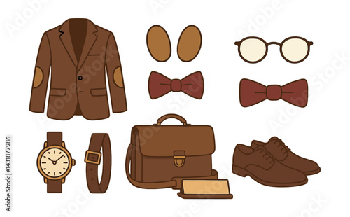 Classic professor accessories icon set: jacket, glasses, bowties, and more. Vector icons