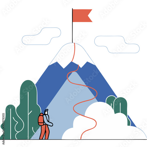 A lone hiker begins their ascent, a winding path leading to a peak with a triumphant flag, symbolizing ambition and the journey to success, depicted in a minimalist style with soft color palettes.