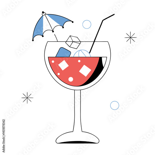 A refreshing summer cocktail, perfect for a sunny afternoon escape, depicted with a playful minimalist style and bold color accents.