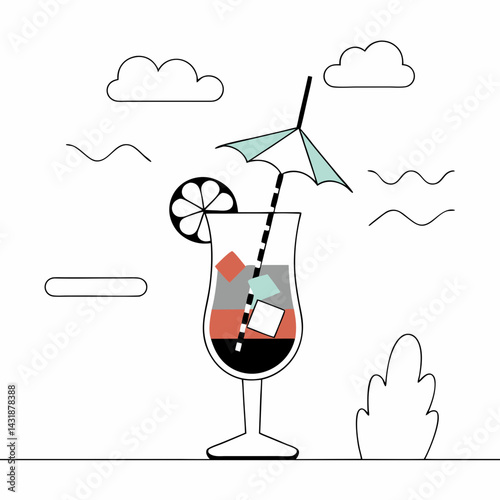 A refreshing summer cocktail under a tiny beach umbrella, perfect for a sunny day, with simple line art and pastel colors.