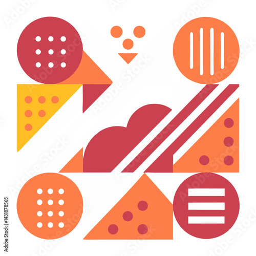 A vibrant abstract composition celebrating joy and energy through geometric shapes and bold color contrasts in warm orange and red tones.