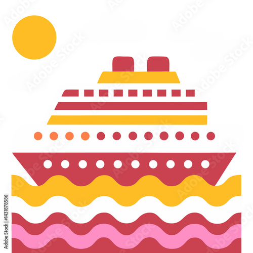 A vibrant cruise ship sailing under a sunny sky on a playfully patterned sea, a joyful summer voyage depicted in bold, graphic style.