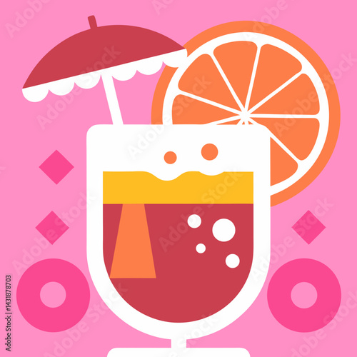 A vibrant summer cocktail, garnished with an orange slice and a tiny umbrella, perfect for a hot sunny day, depicted in a bold, flat design style with pink accents.