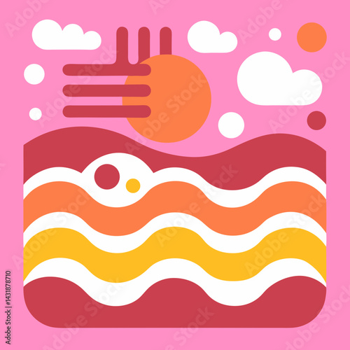A vibrant sunset over wavy hills, evoking warmth and tranquility with a playful, abstract style using bold colors and simplified shapes.
