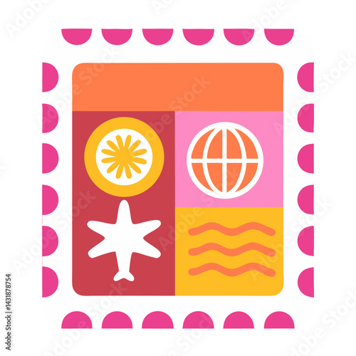 A vibrant travel postcard celebrating sun, sea, and global adventures with a bold geometric style and playful pink accents.